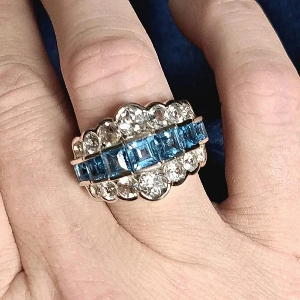 Natural Swiss Blue Topaz & White Topaz Art Deco Style Ring.